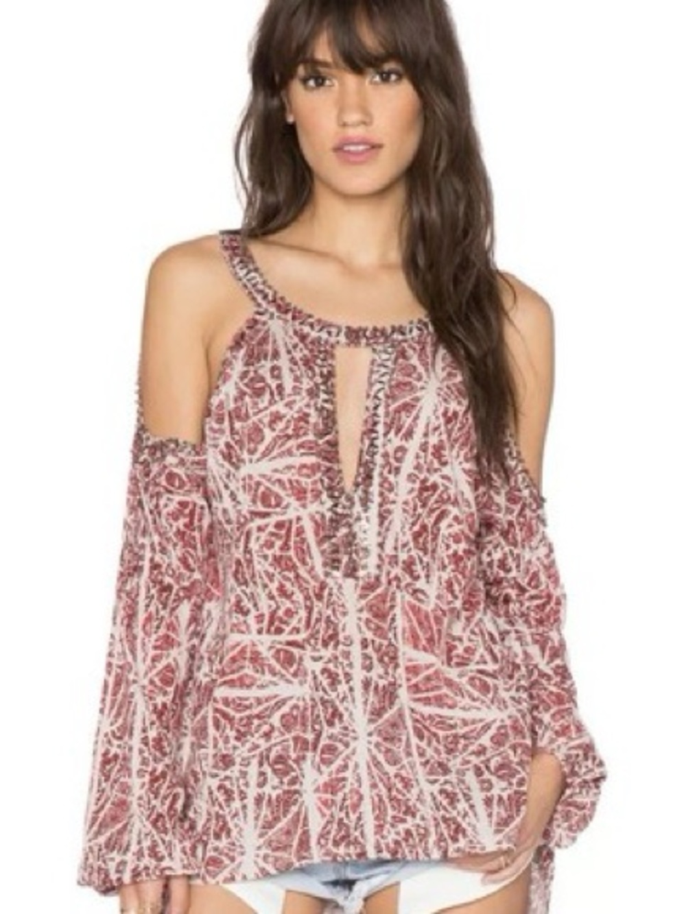 FREE PEOPLE Women’s Medium Red Paisley Jeweled Good Morning Cold Shoulder Top